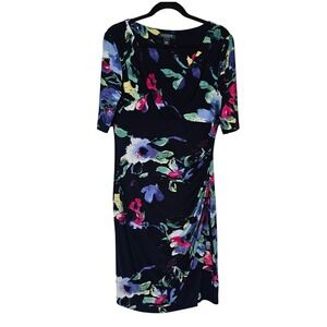 Lauren Ralph‎ Lauren 14 Dress Navy Floral Jersey Knit Ruched Sheath V-Neck Chic